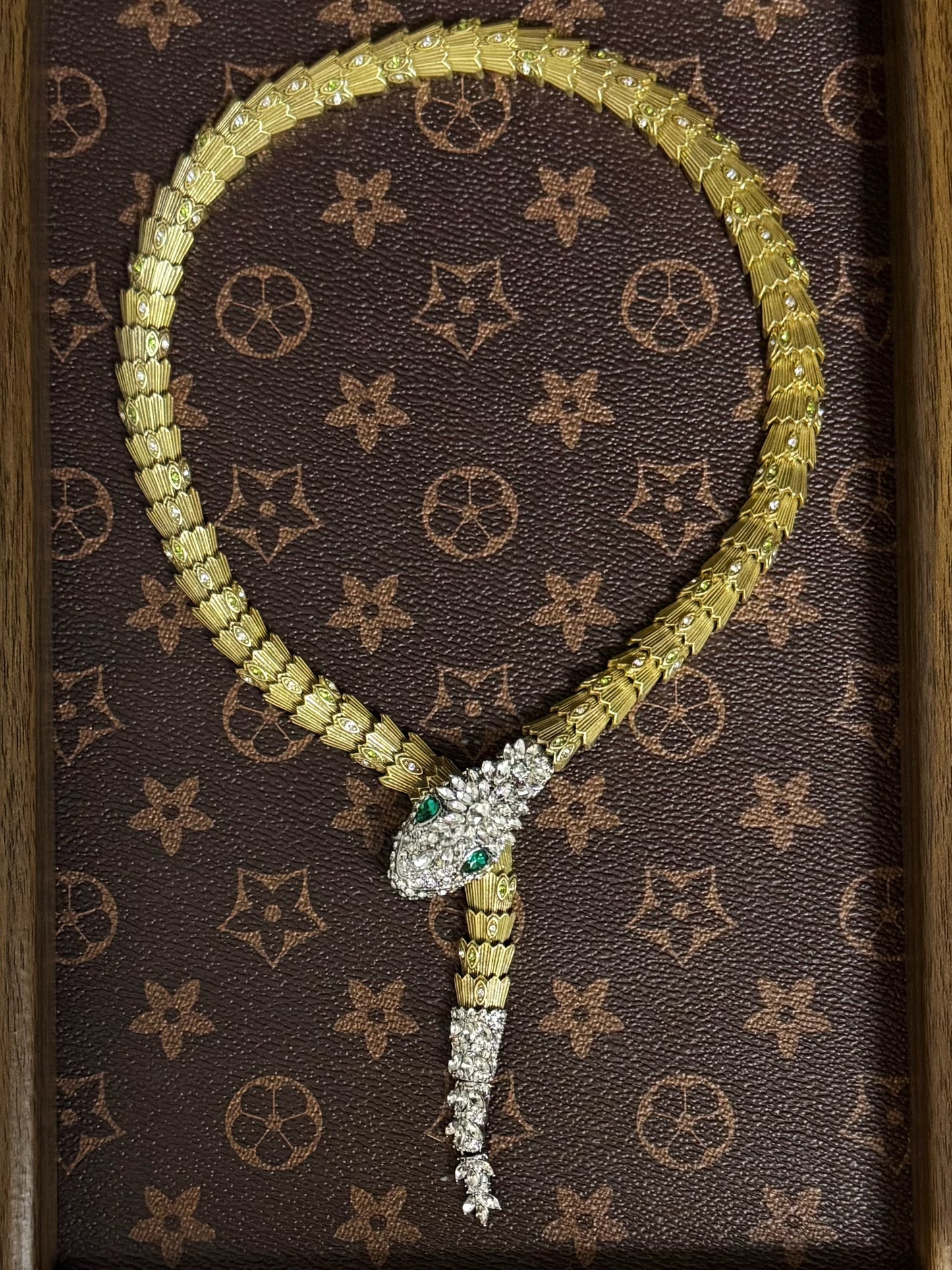 Vintage Statement Heavy Brass Snake Necklace with Full Zircon Inlay & Magnetic Clasp
