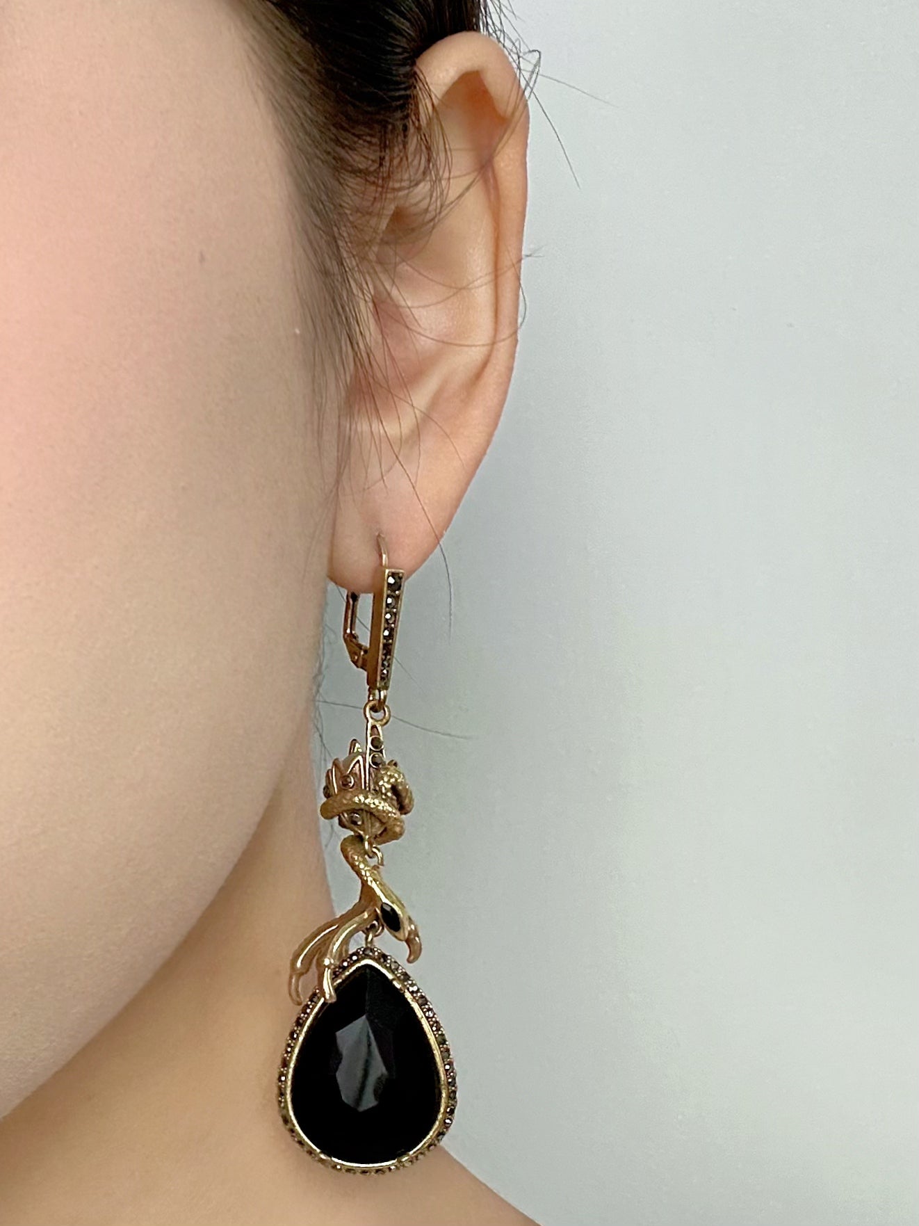 Vintage Heavywork French Gold-Plated Copper Snake & Claw Black Teardrop Pendant Earrings