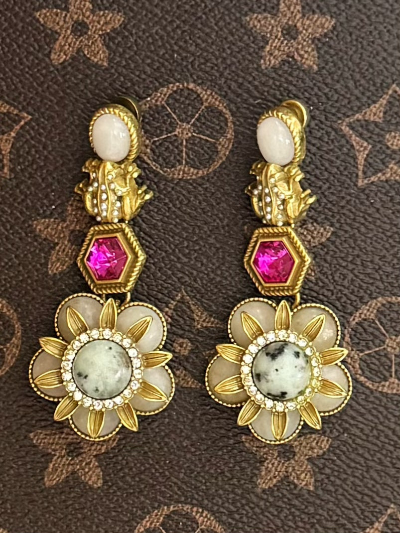 Vintage Gold-Plated Frog & Flower Drop Earrings with Natural Stone – Retro Statement Jewelry
