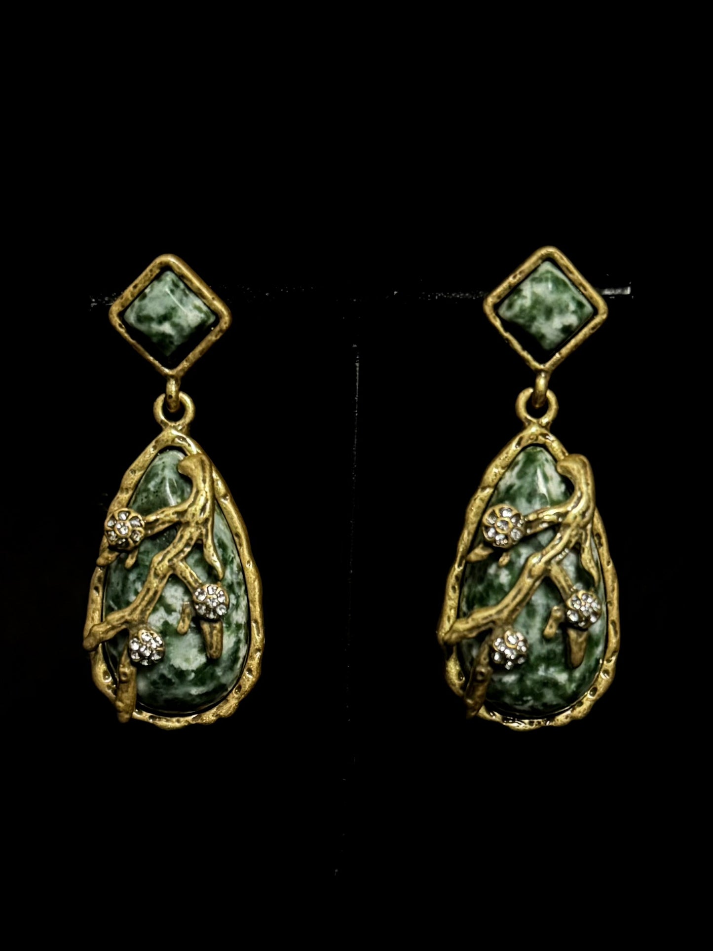 Handmade Antique Gold Plated Copper Earrings with Natural Celadon Jade Teardrop Stones - Boho Vintage Statement Drop Earrings for Women
