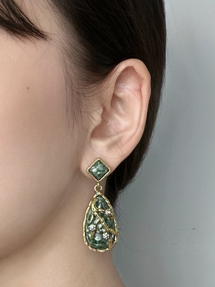 Handmade Antique Gold Plated Copper Earrings with Natural Celadon Jade Teardrop Stones - Boho Vintage Statement Drop Earrings for Women