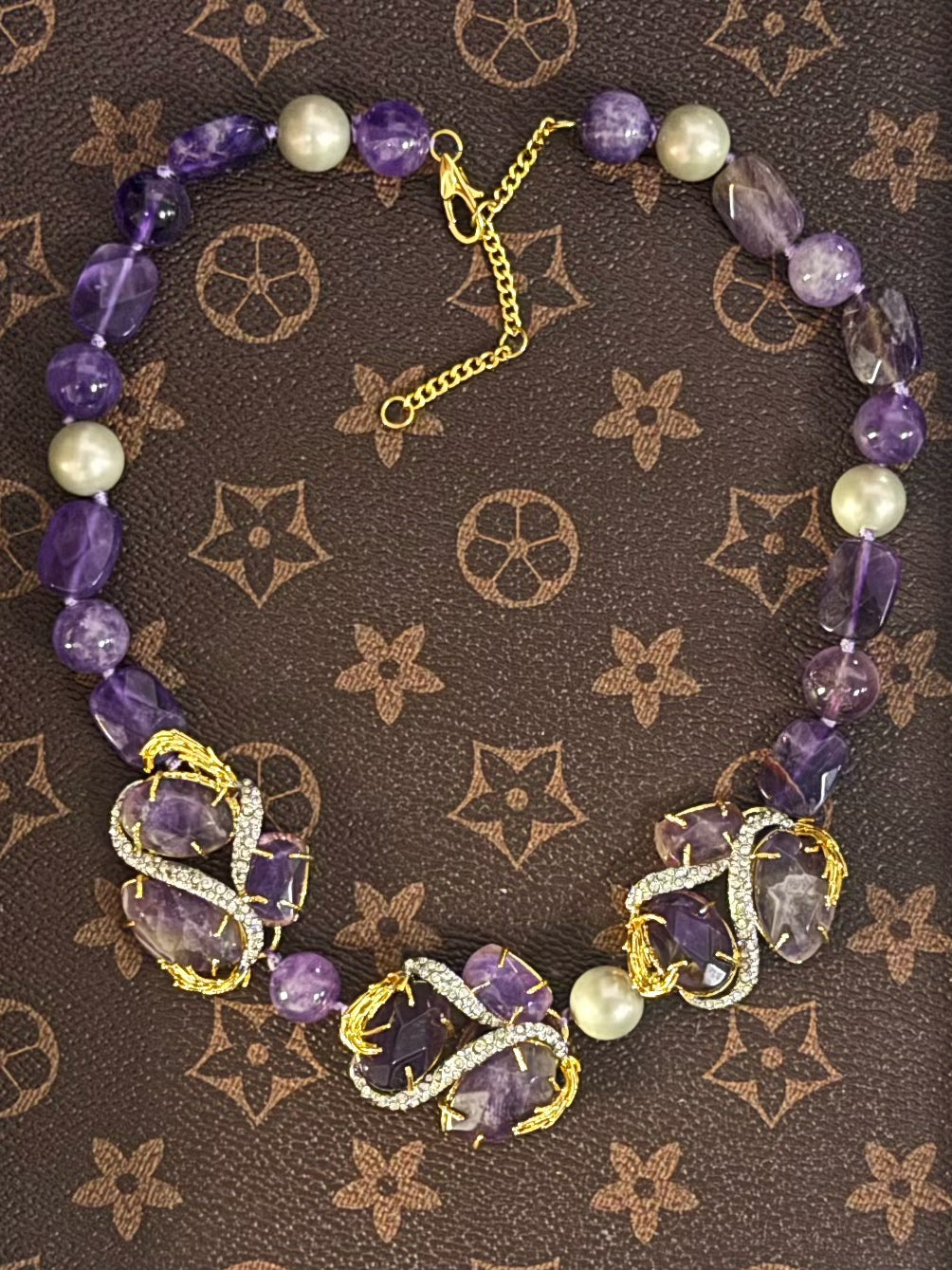 Avant-Garde Gold-Plated Amethyst Statement Necklace – Double-Tone Vintage Designer Piece