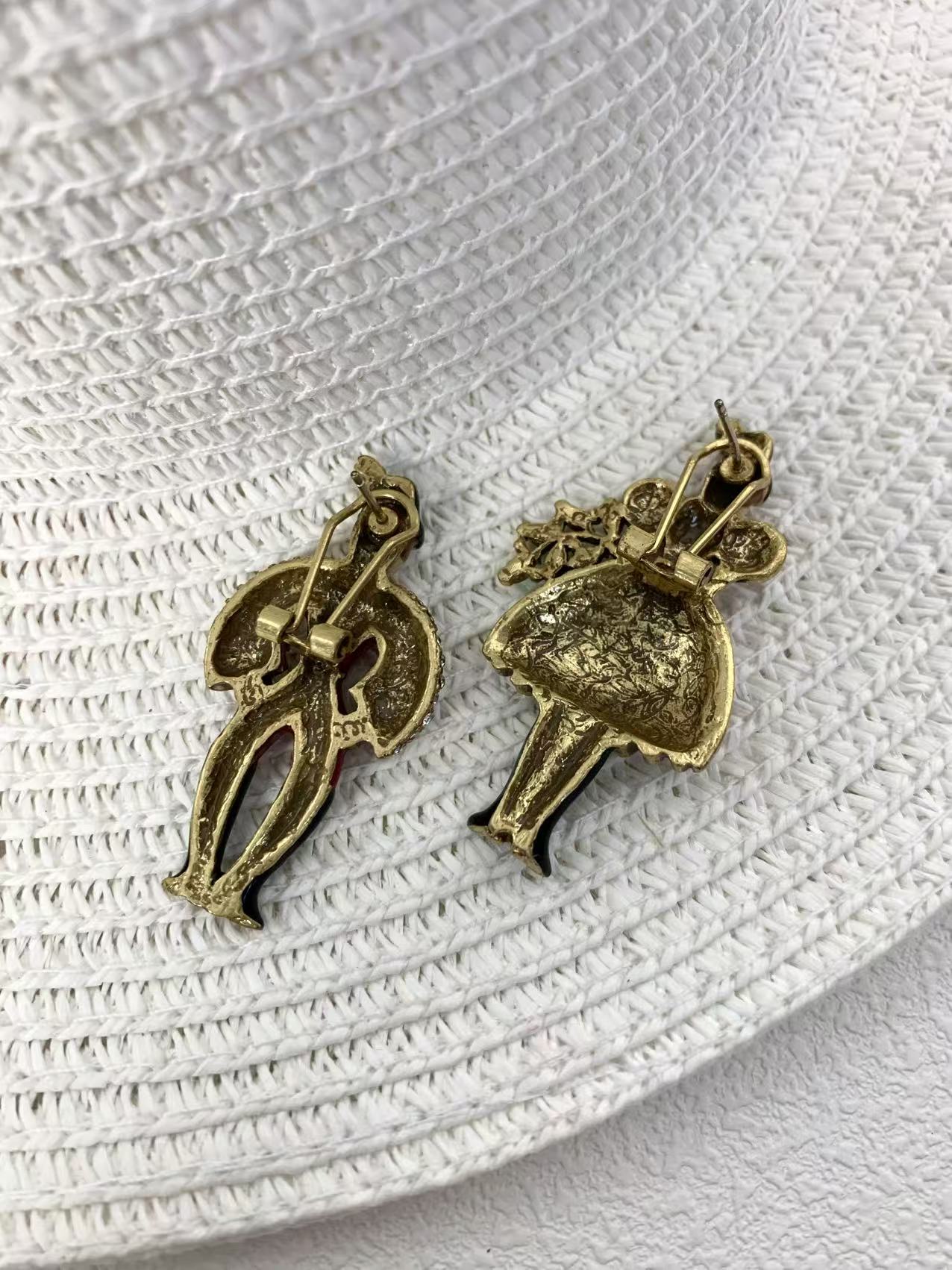 Artisan Figural Earrings: Vintage-Inspired Red Enamel & Gold-Plated Design