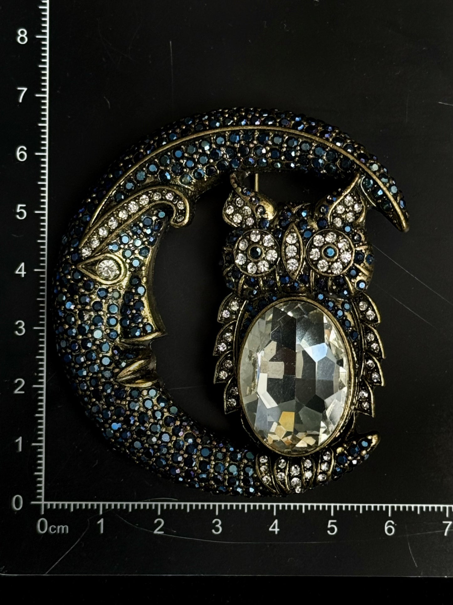 Vintage Heavy Duty Gold Plated Copper Moon & Owl Brooch - Intricately Set with Blue Zirconia, Mystical Animal Jewelry
