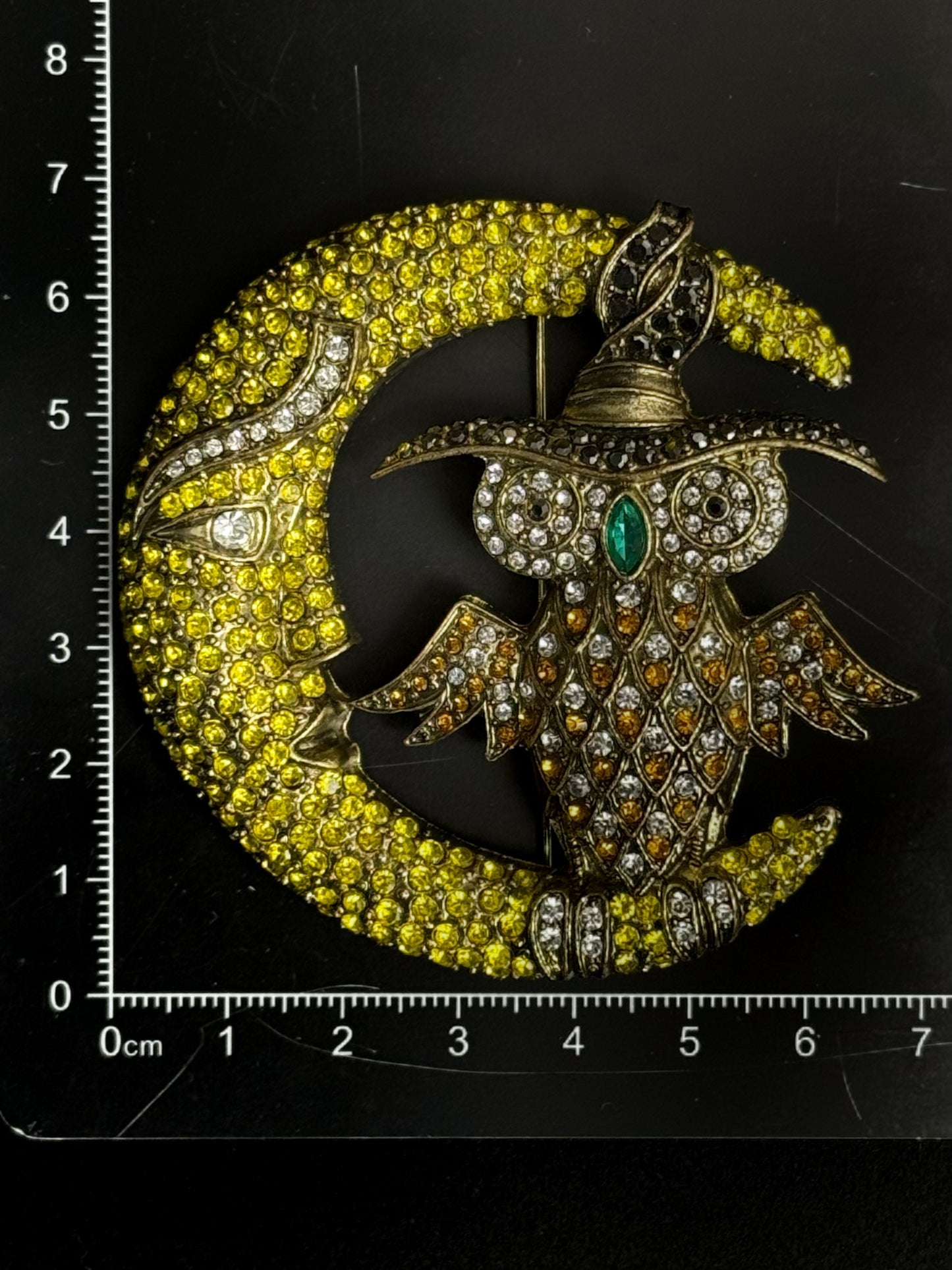 Vintage Heavy Duty Gold Plated Copper Moon & Owl Brooch - Adorned with Golden Yellow Zirconia, Mystical Statement Jewelry