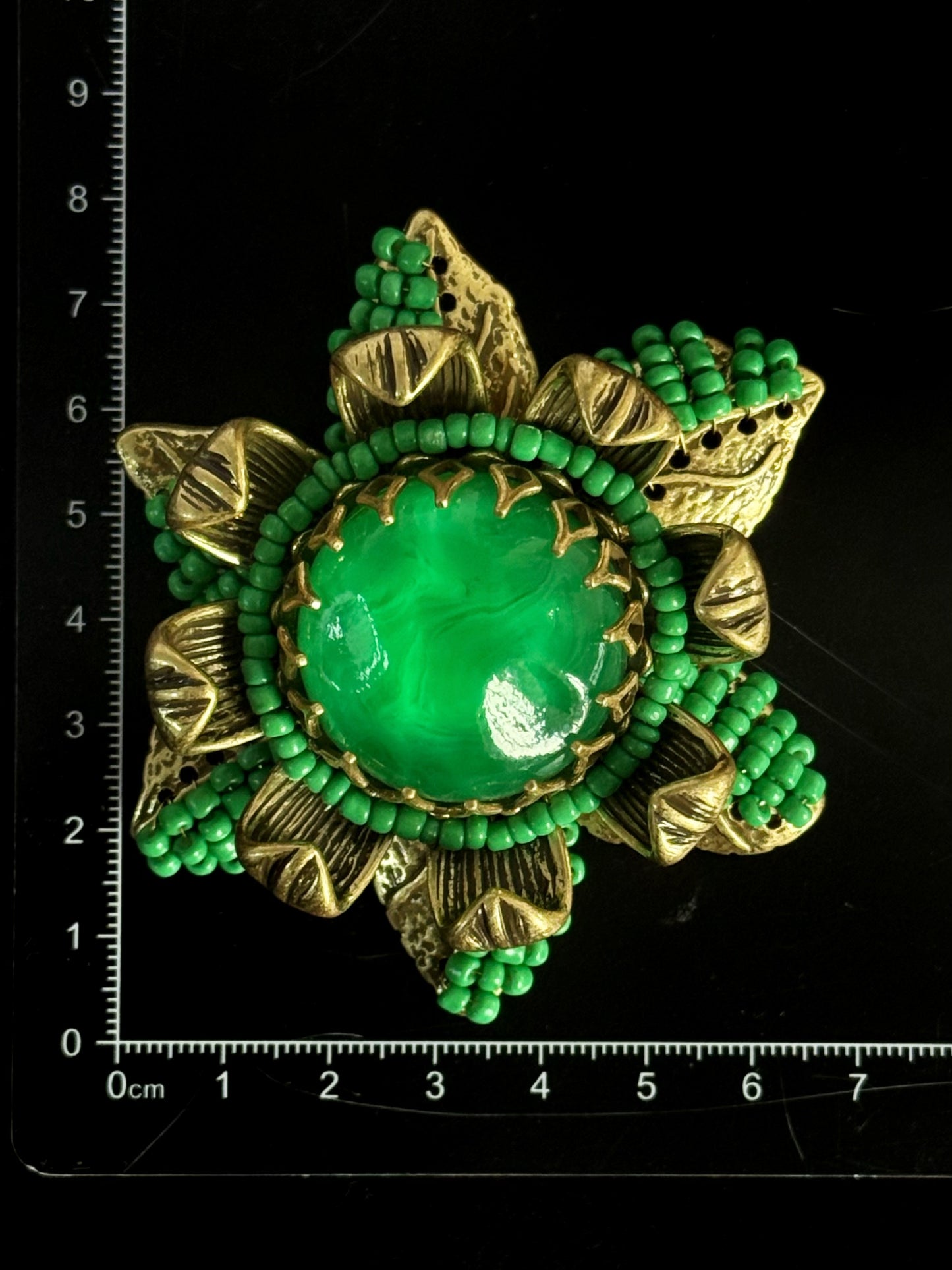 Vintage Heavy Duty Gold Plated Copper Floral Brooch - Prong Set Emerald Green Glass Cabochon, 3D Statement Flower Pin