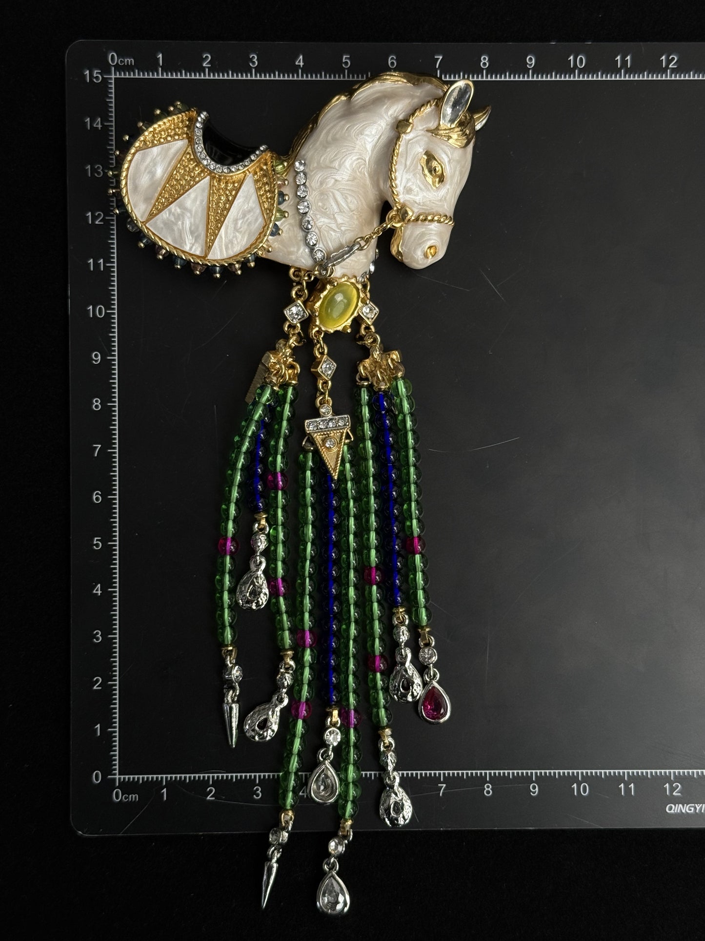 Vintage Heavy-Duty Gold Plated Copper Brooch with Enamel White Horse & Luxe Tassel – Equestrian Glam Statement Pin