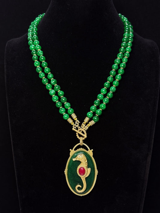 Vintage Gold-Plated Brass Seahorse Pendant Necklace – Green Gemstone, Long Crossbody Style