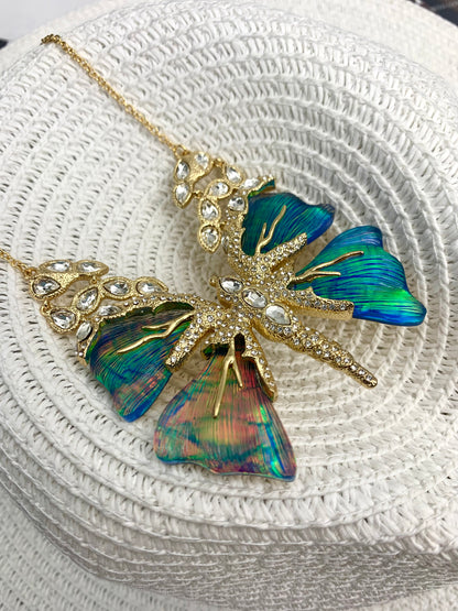 Vintage Niche Design Iridescent Butterfly Necklace in Gold-Plated Copper