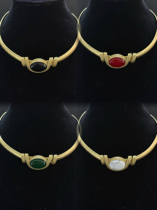 Convertible Vintage Choker with White Turquoise & Tricolor Agate – 4-in-1 Gold-Plated Brass Statement Necklace