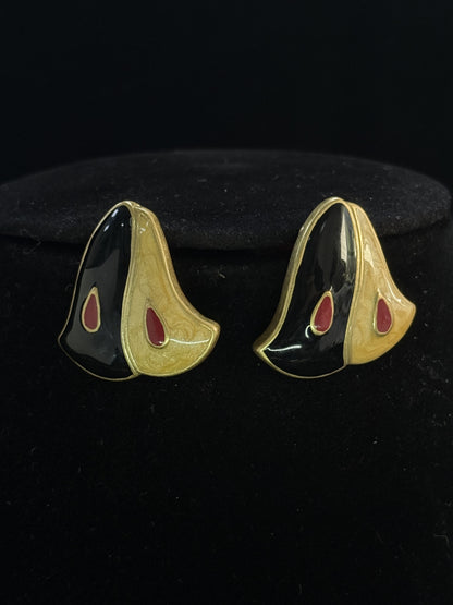 Vintage Black Art Glass & Monet-Inspired Enamel Leaf Jewelry Set – Earrings & Clavicle Necklace