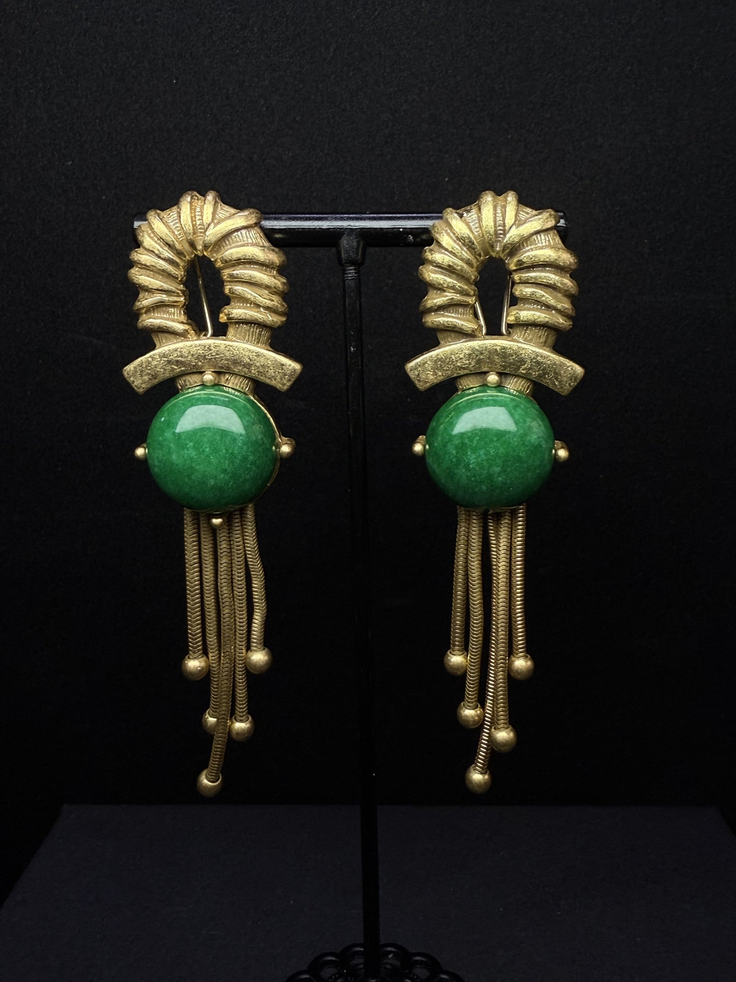 Retro Heavy Craftsmanship Palace-Style Copper-Plated Gold Green Natural Stone Earrings