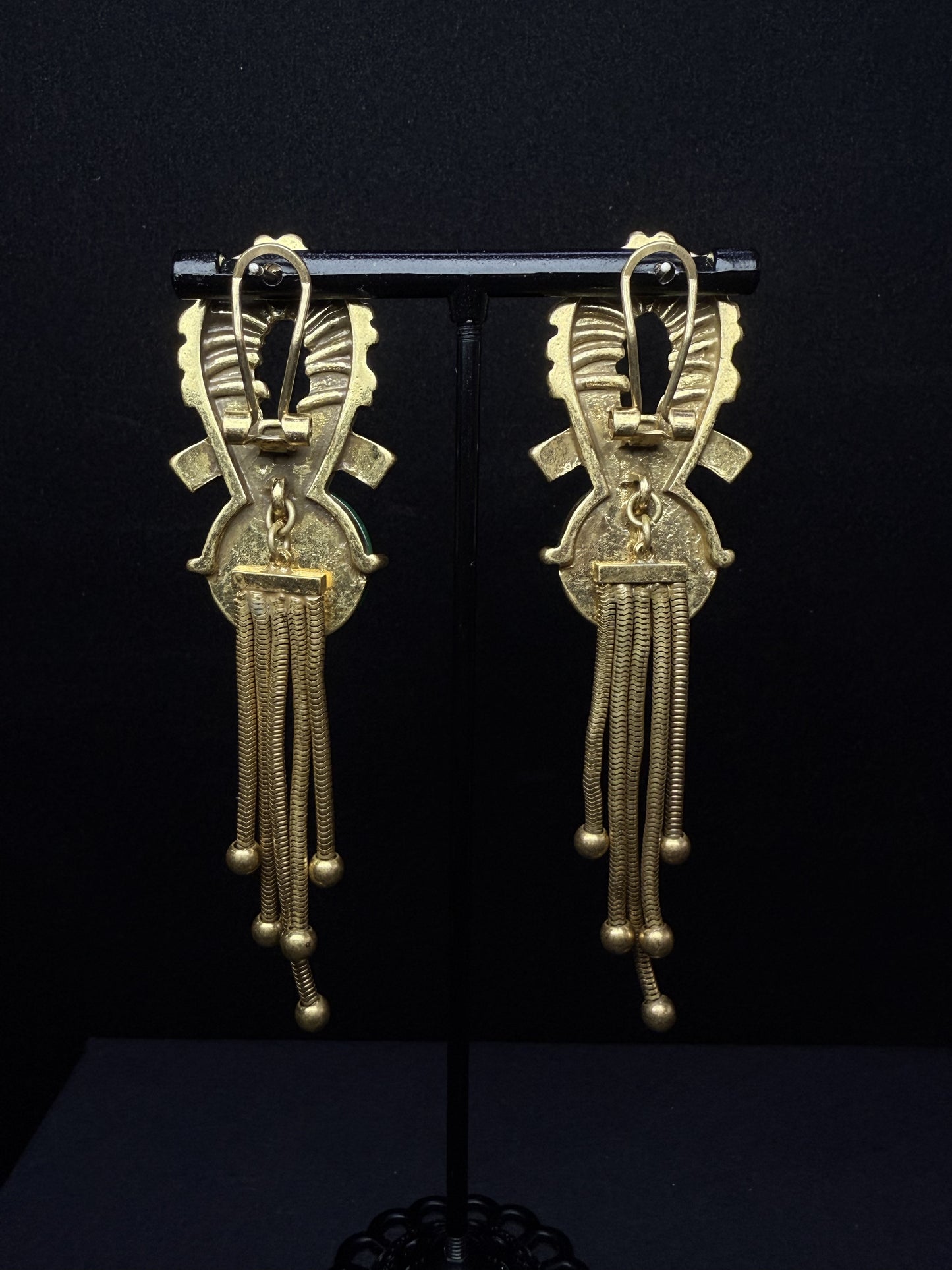 Retro Heavy Craftsmanship Palace-Style Copper-Plated Gold Green Natural Stone Earrings