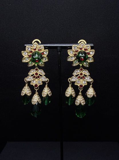 Retro Heavy Craftsmanship Palace-Style Copper-Plated Gold Full Green Crystal Tassel Earrings