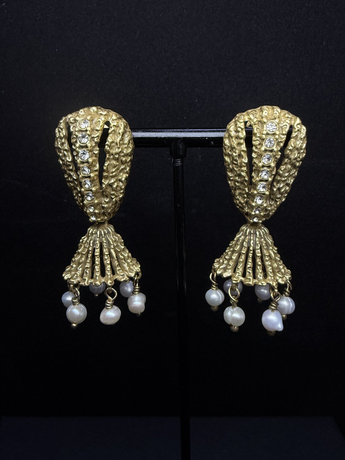 Retro Heavy Craftsmanship Copper-Plated Gold Rhinestone and Freshwater Pearl Tassel Earrings