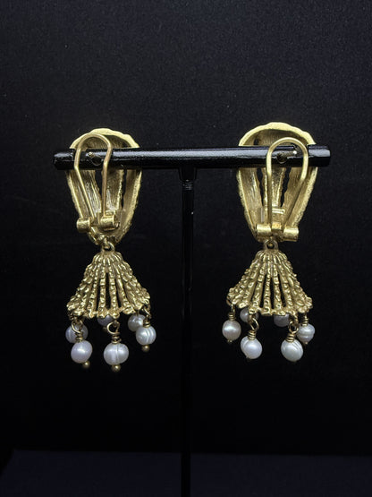 Retro Heavy Craftsmanship Copper-Plated Gold Rhinestone and Freshwater Pearl Tassel Earrings