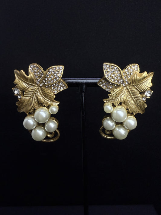 Vintage-inspired Small Batch Gold-Plated Leaf Design Full-Set Rhinestone and Beaded Earrings