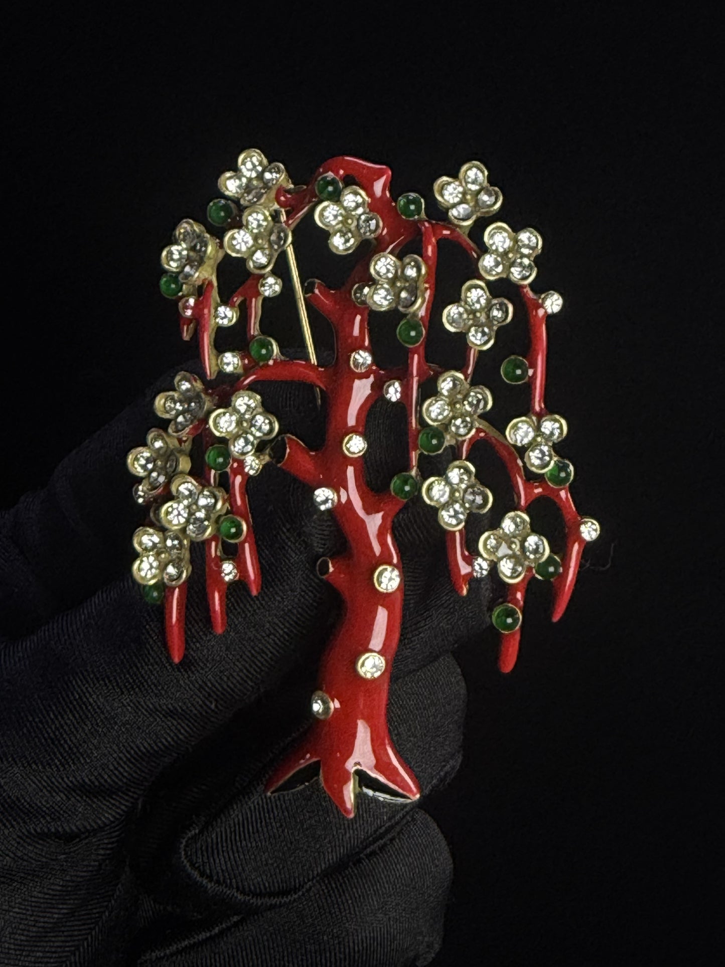 Haute Couture Enamel Tree Brooch with Czech Crystals – Gold-Plated Brass in Fiery Red