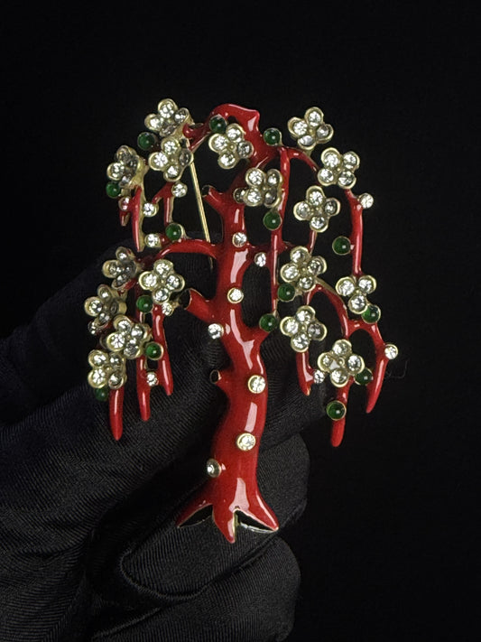 Haute Couture Enamel Tree Brooch with Czech Crystals – Gold-Plated Brass in Fiery Red