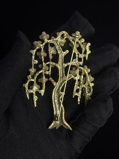 Haute Couture Enamel Tree Brooch with Czech Crystals – Gold-Plated Brass in Fiery Red