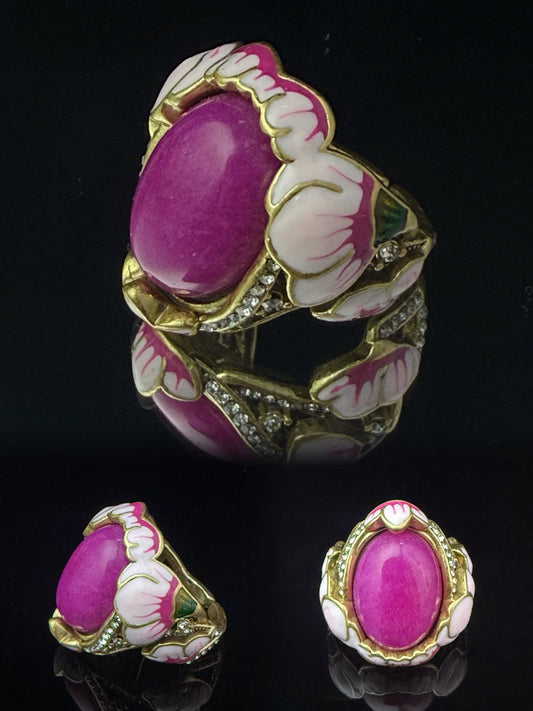 Vintage Retro Heavy-Crafted Gold-Plated Open Ring with Pink Natural Stone & Enamel Flower Design