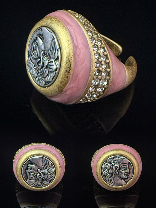 Vintage Retro Heavy-Crafted Gold-Plated Distressed Pink Enamel French Coin Ring