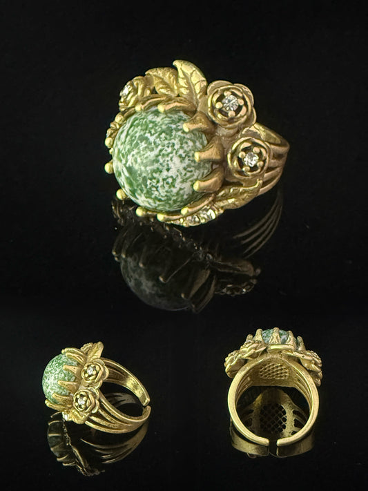 Vintage Retro Heavy-Crafted Gold-Plated Distressed Rose Flower Ring with Natural Qinghai Stone