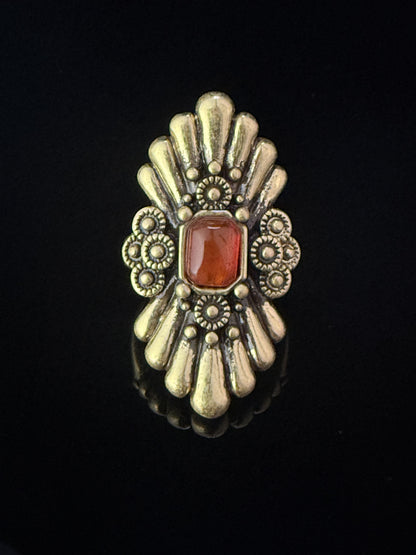 Vintage Retro Heavy-Crafted Gold-Plated Distressed Old Coin Style Agate Open Ring