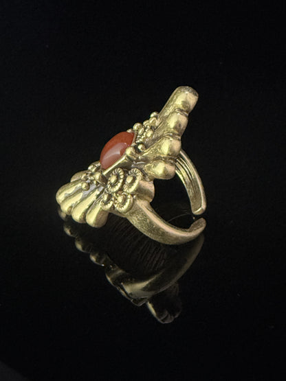 Vintage Retro Heavy-Crafted Gold-Plated Distressed Old Coin Style Agate Open Ring