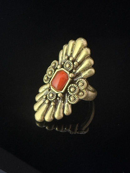 Vintage Retro Heavy-Crafted Gold-Plated Distressed Old Coin Style Agate Open Ring