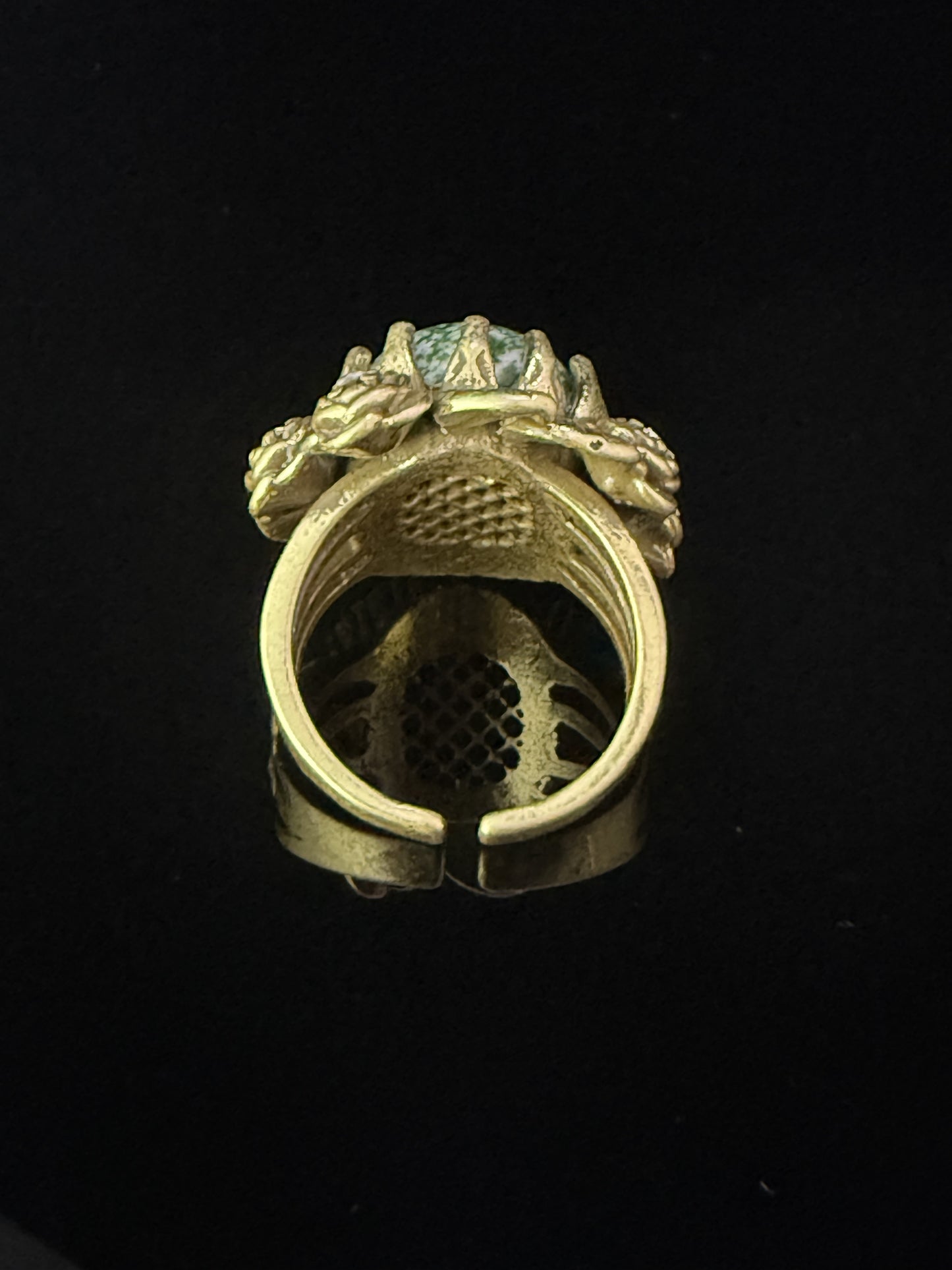 Vintage Retro Heavy-Crafted Gold-Plated Distressed Rose Flower Ring with Natural Qinghai Stone