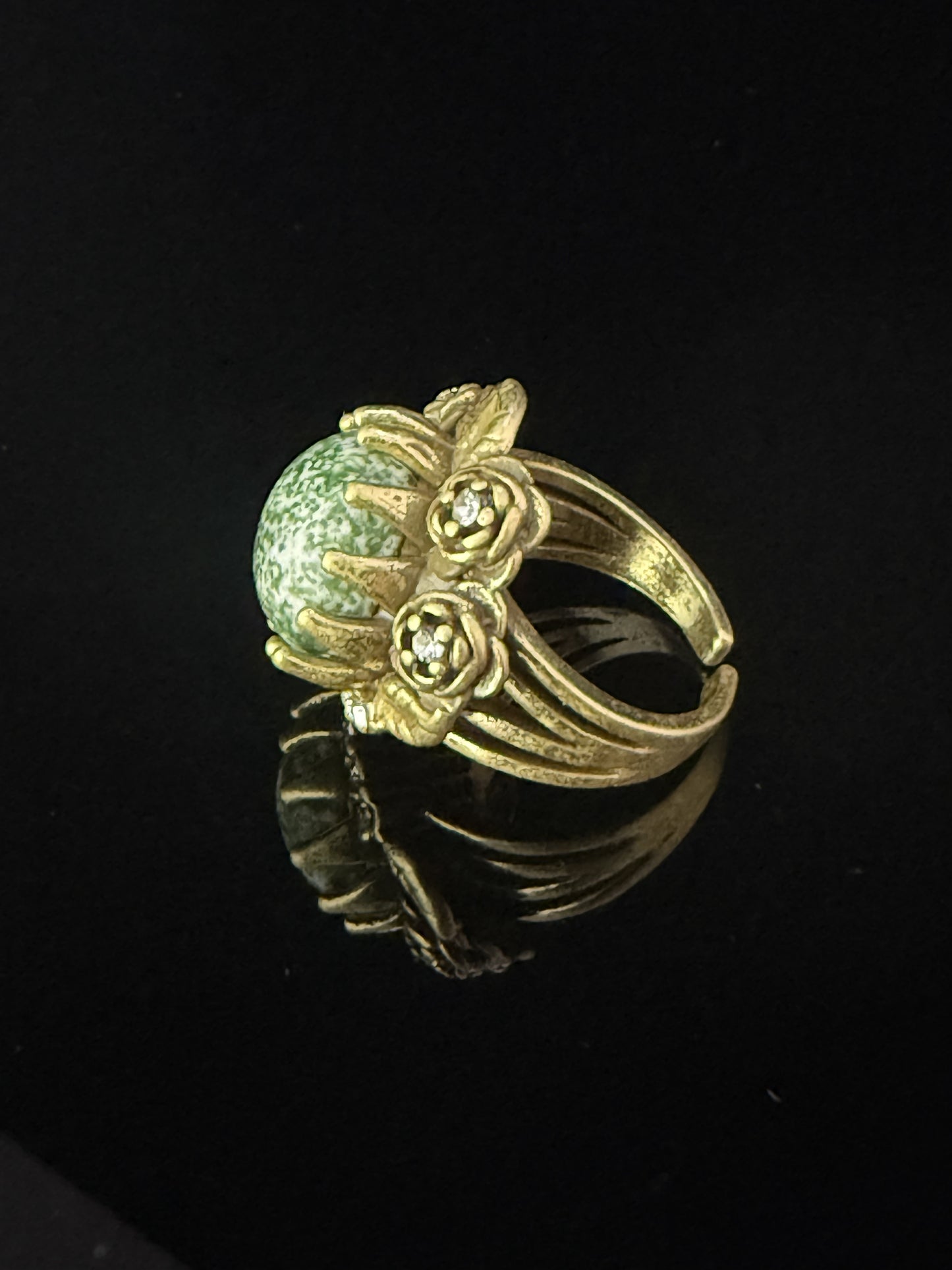 Vintage Retro Heavy-Crafted Gold-Plated Distressed Rose Flower Ring with Natural Qinghai Stone