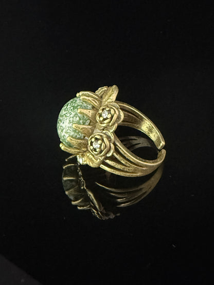 Vintage Retro Heavy-Crafted Gold-Plated Distressed Rose Flower Ring with Natural Qinghai Stone