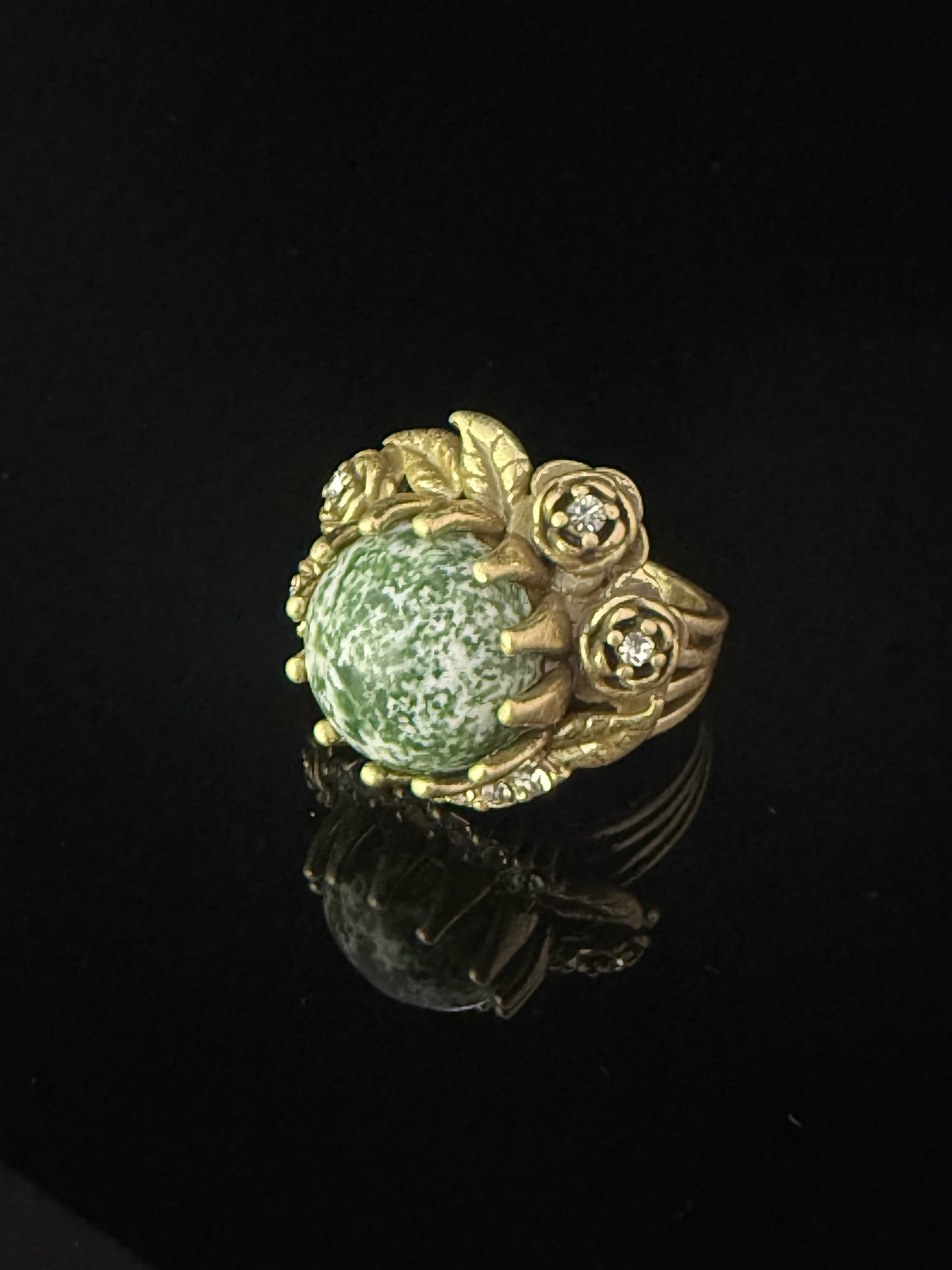 Vintage Retro Heavy-Crafted Gold-Plated Distressed Rose Flower Ring with Natural Qinghai Stone