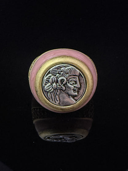 Vintage Retro Heavy-Crafted Gold-Plated Distressed Pink Enamel French Coin Ring