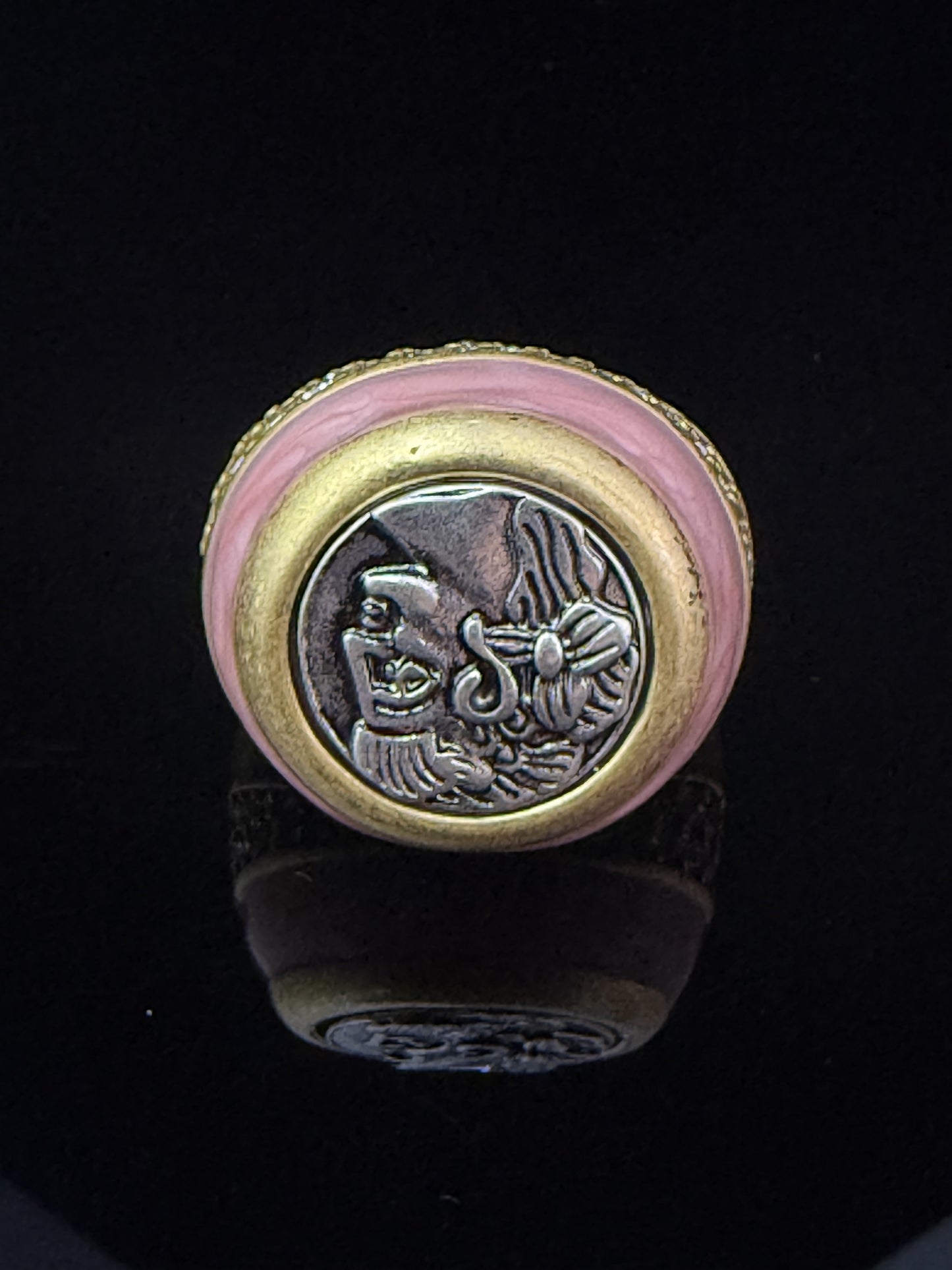 Vintage Retro Heavy-Crafted Gold-Plated Distressed Pink Enamel French Coin Ring