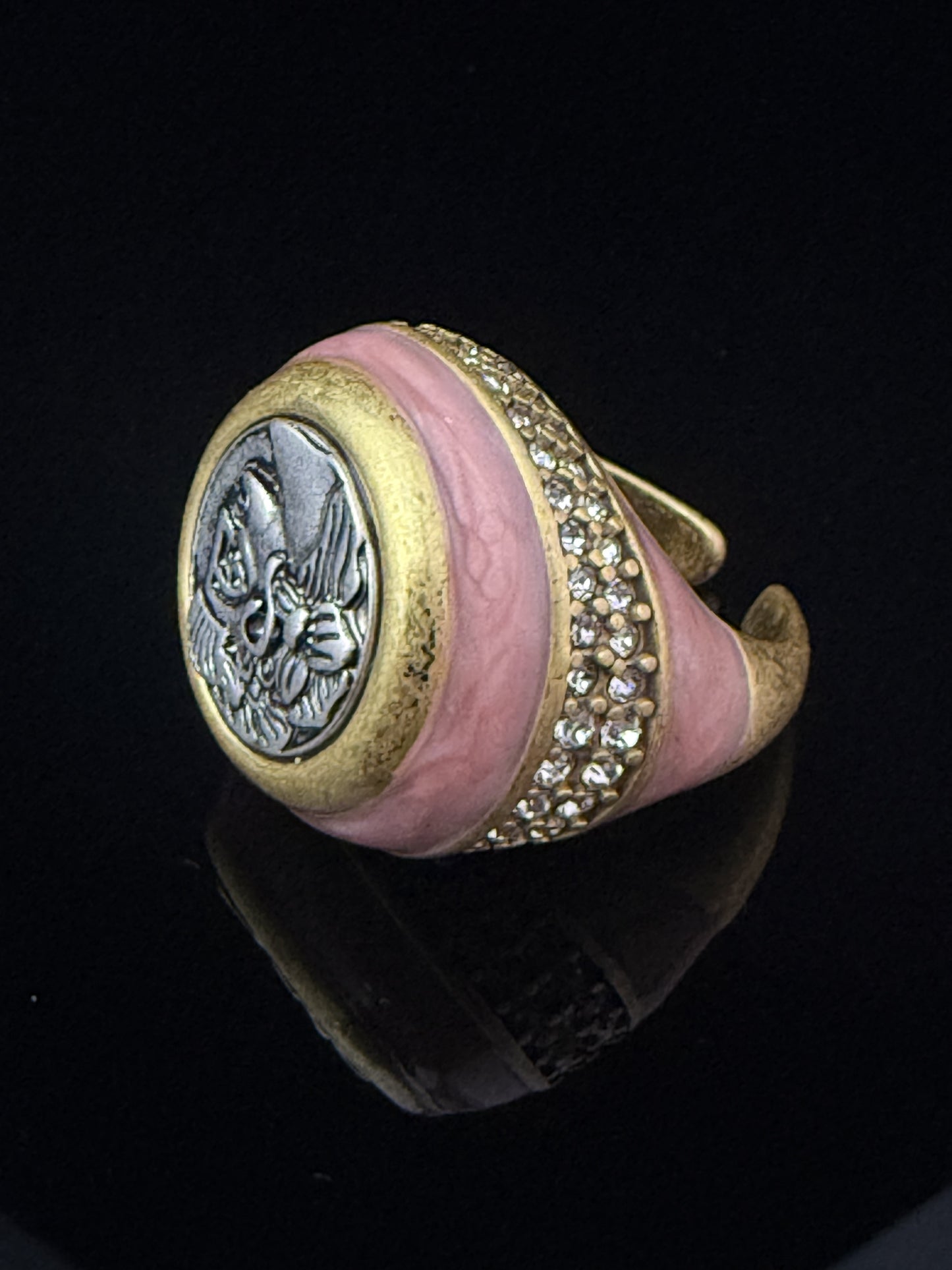 Vintage Retro Heavy-Crafted Gold-Plated Distressed Pink Enamel French Coin Ring