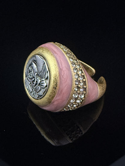 Vintage Retro Heavy-Crafted Gold-Plated Distressed Pink Enamel French Coin Ring