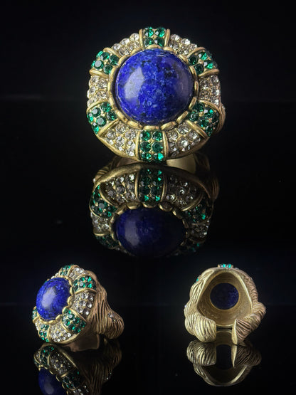 Vintage Retro Heavy-Crafted Gold-Plated Lapis Lazuli Inlaid Open Ring