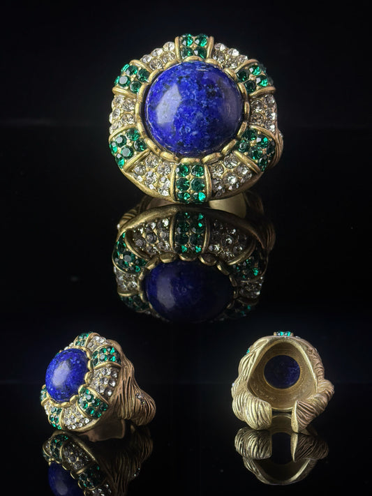 Vintage Retro Heavy-Crafted Gold-Plated Lapis Lazuli Inlaid Open Ring