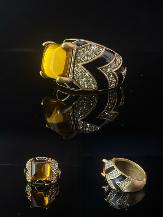 Vintage Heavy Brass Gold-Plated Ring with Green Agate and Red Glass Cabochon, Adjustable Open Band