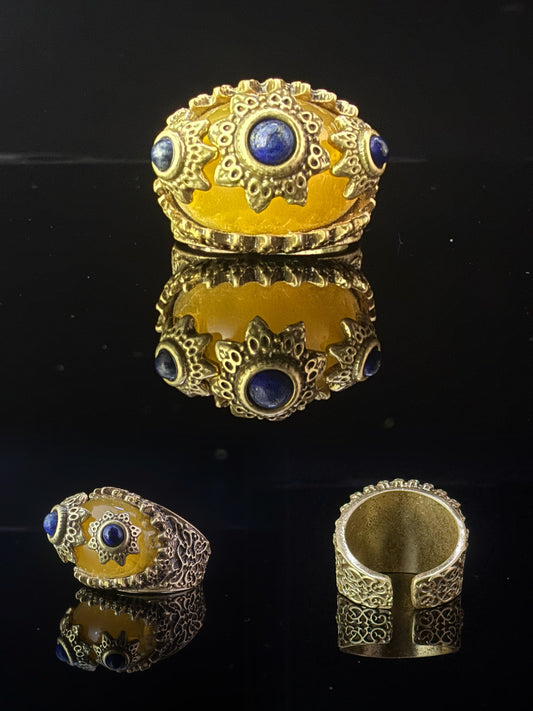 Vintage Heavy Brass Gold-Plated Ring with Yellow Glass and Natural Lapis Lazuli, Adjustable Open Band