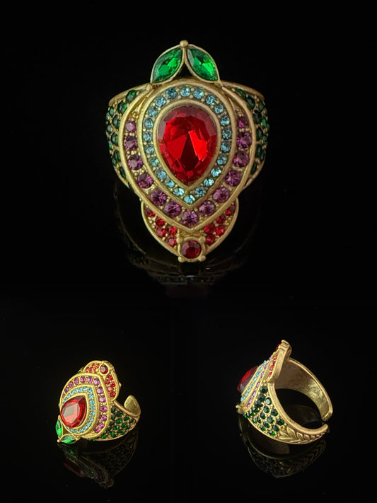 Vintage Heavy Brass Gold-Plated Ring with Green Agate and Red Glass Cabochon, Adjustable Open Band