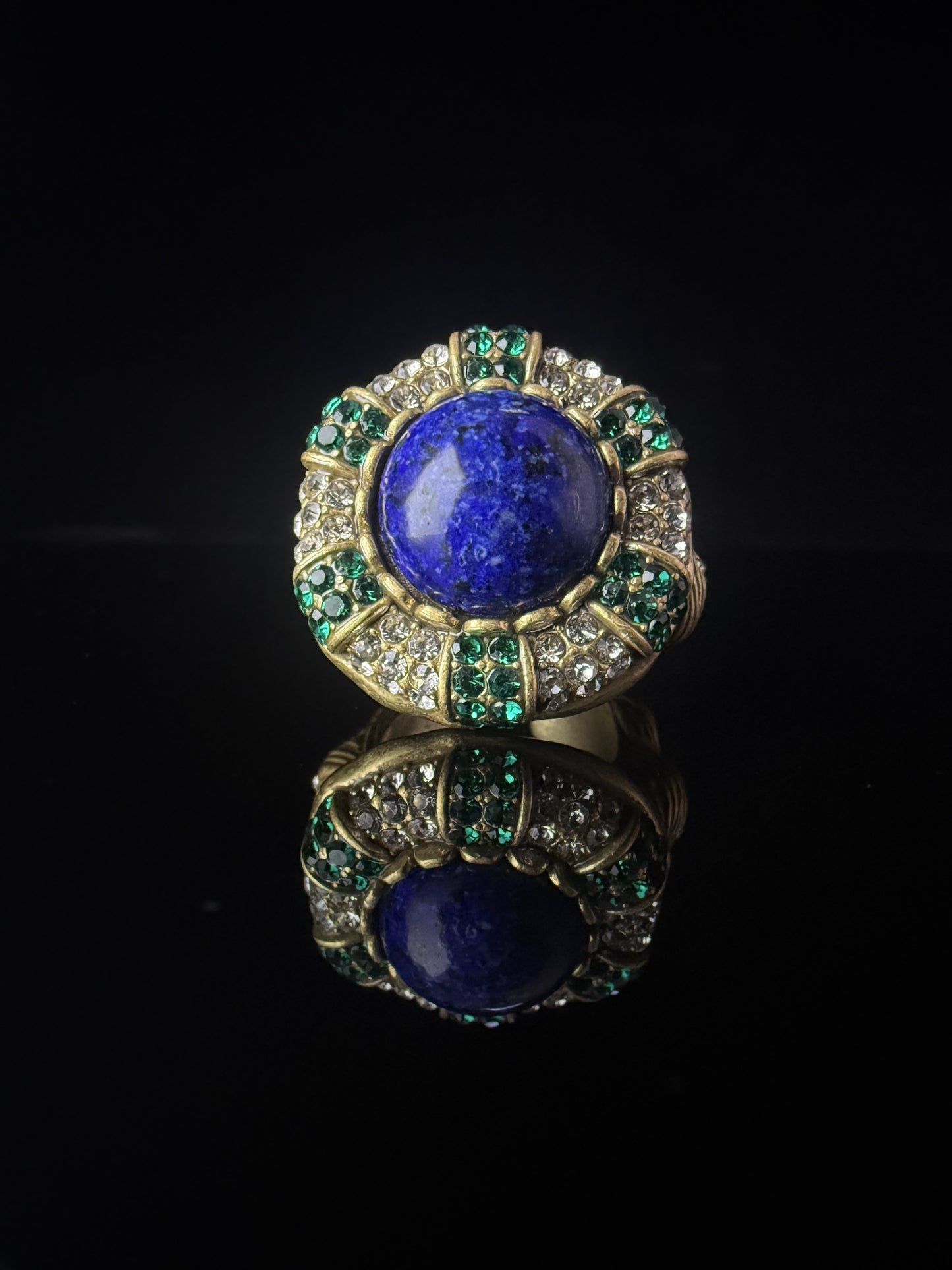 Vintage Retro Heavy-Crafted Gold-Plated Lapis Lazuli Inlaid Open Ring