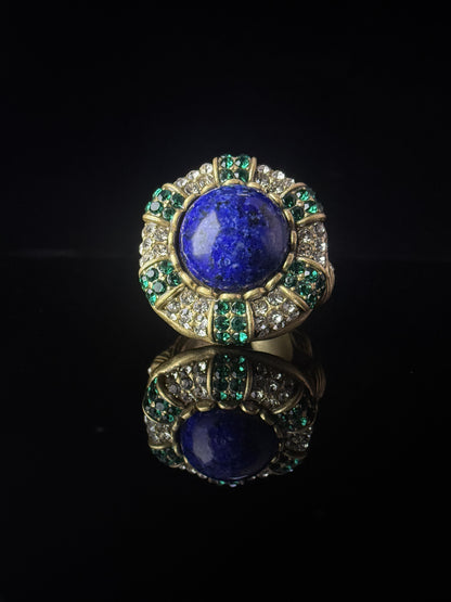 Vintage Retro Heavy-Crafted Gold-Plated Lapis Lazuli Inlaid Open Ring