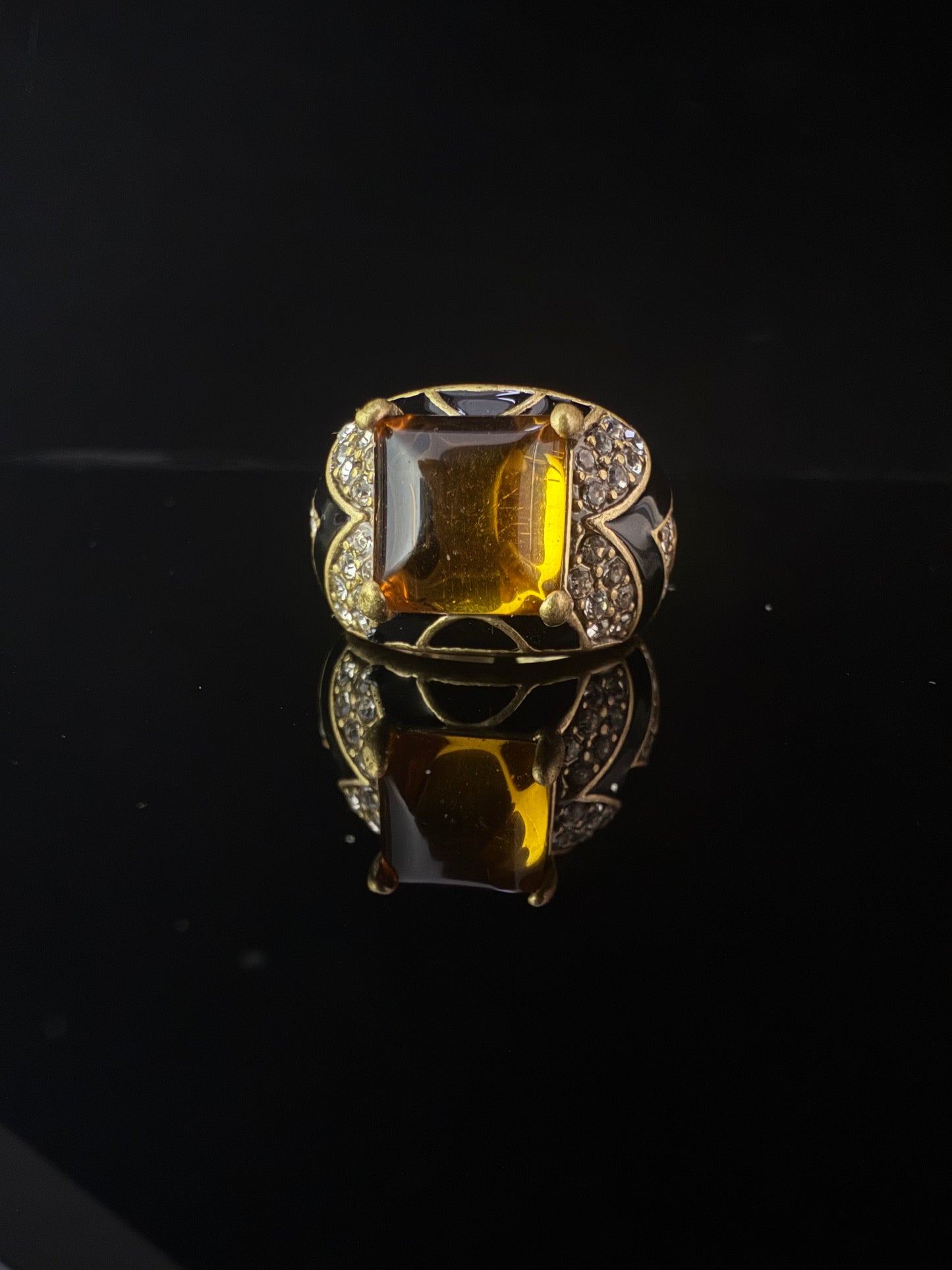 Vintage Heavy Brass Gold-Plated Ring with Green Agate and Red Glass Cabochon, Adjustable Open Band