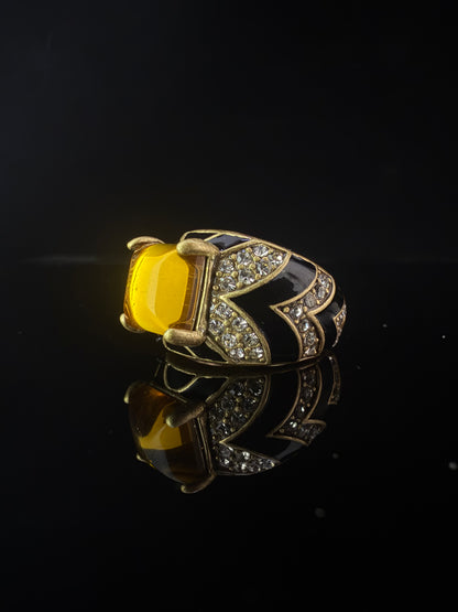 Vintage Heavy Brass Gold-Plated Ring with Green Agate and Red Glass Cabochon, Adjustable Open Band