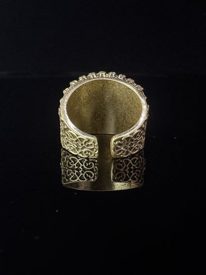 Vintage Heavy Brass Gold-Plated Ring with Yellow Glass and Natural Lapis Lazuli, Adjustable Open Band