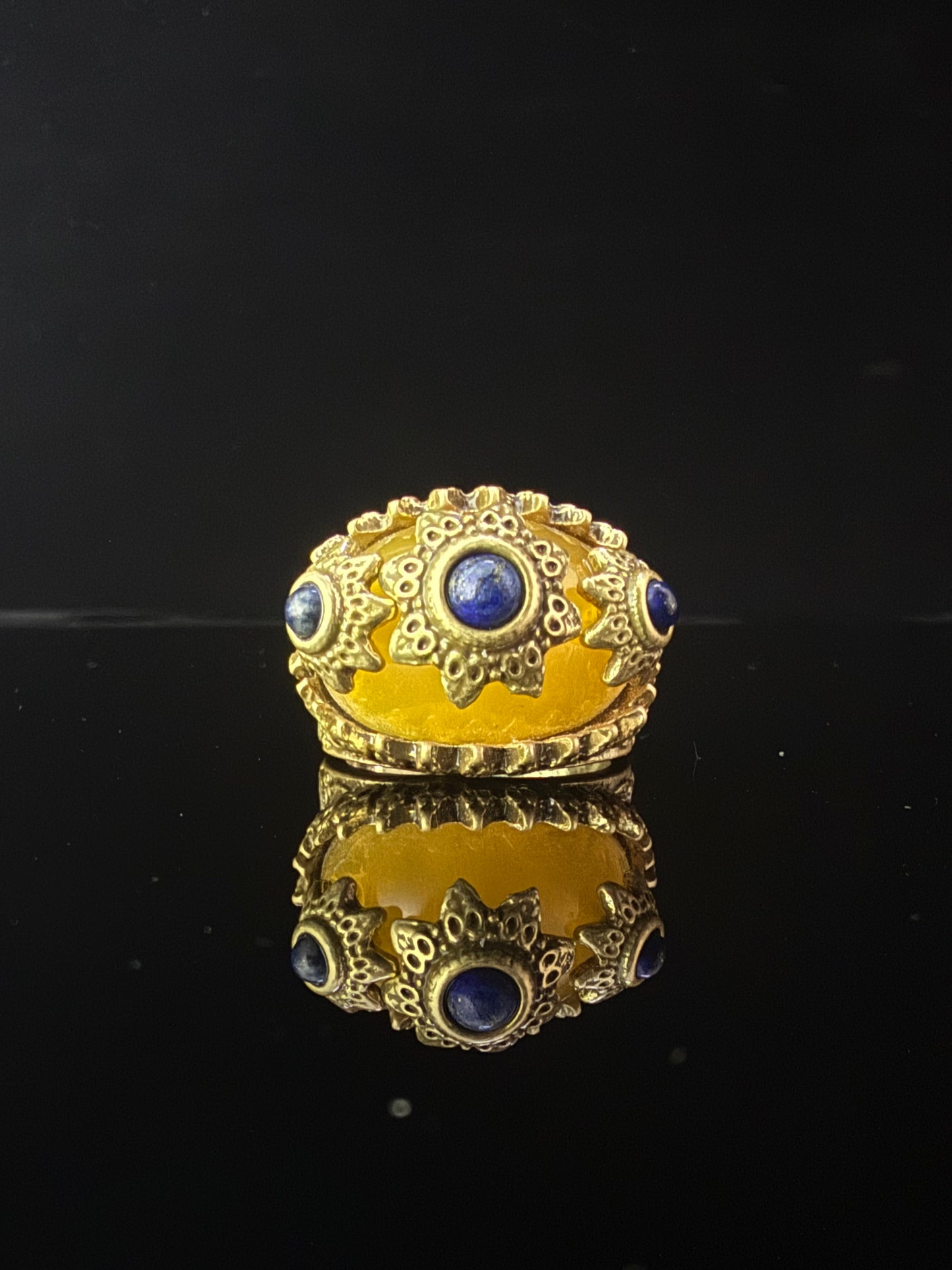 Vintage Heavy Brass Gold-Plated Ring with Yellow Glass and Natural Lapis Lazuli, Adjustable Open Band