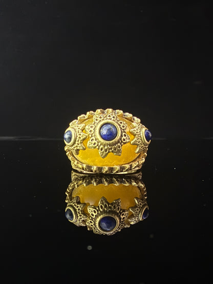 Vintage Heavy Brass Gold-Plated Ring with Yellow Glass and Natural Lapis Lazuli, Adjustable Open Band